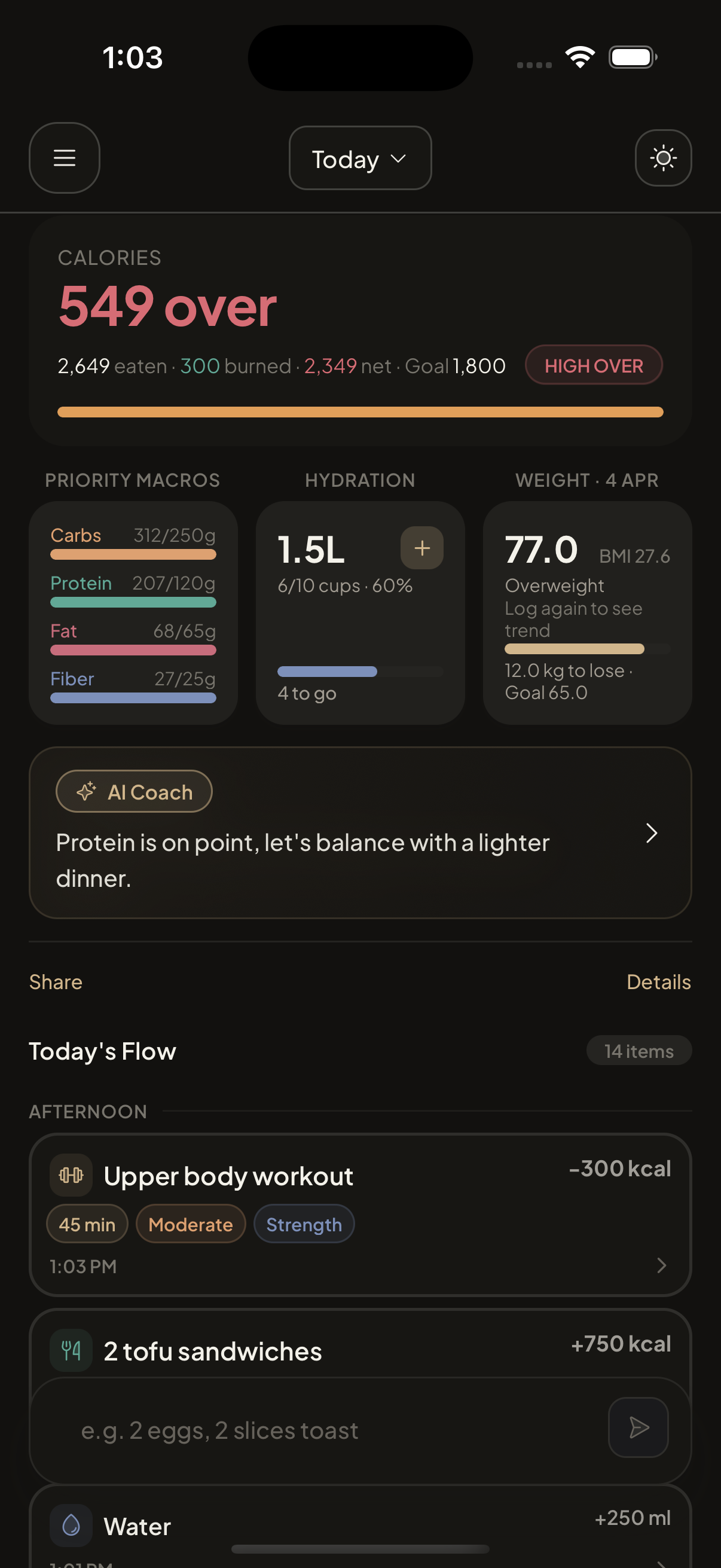 Sidekick Dashboard: day summary, macros, hydration, weight, AI coach, and activity feed by time of day.
